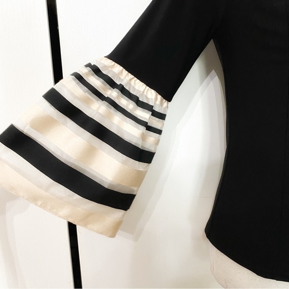 JOSEPH RIBKOFF BLACK BEIGE MESH TEE STRIPED BELL SLEEVE TOP - 8 - Picture 5 of 10